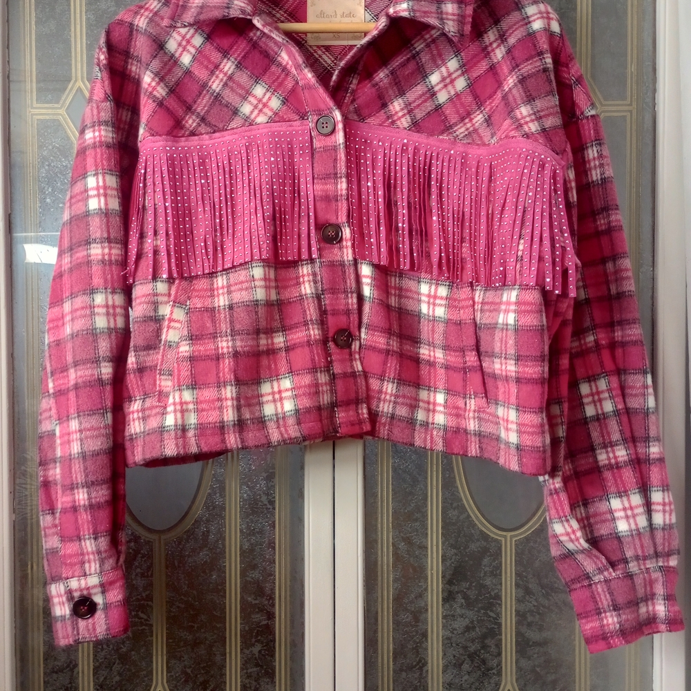 Altar'd State Pink Plaid Bomber Jacket with Fringe
